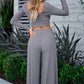 Gray Solid Color Ribbed Crop Top Long Pants Set