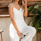 Beige Spaghetti Straps Pleated High Waist Wide Leg Jumpsuit