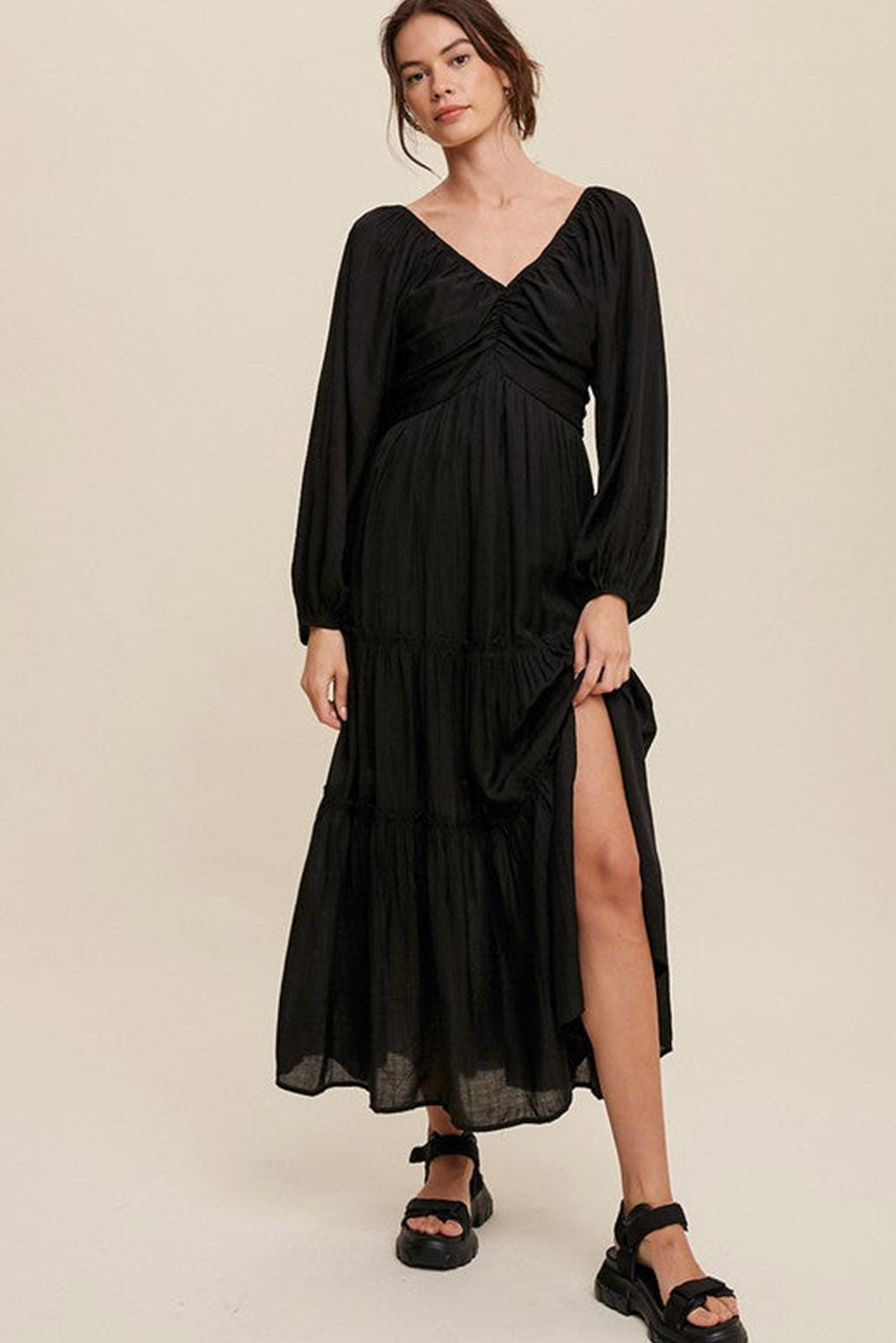 Black V Neck Bowknot Cutout Frill Tiered Maxi Dress