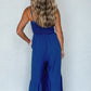 Navy Blue Spaghetti Straps Smocked Ruffled Wide Leg Jumpsuit