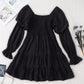 Black Boho Solid Shirred Ruffle Mini Dress