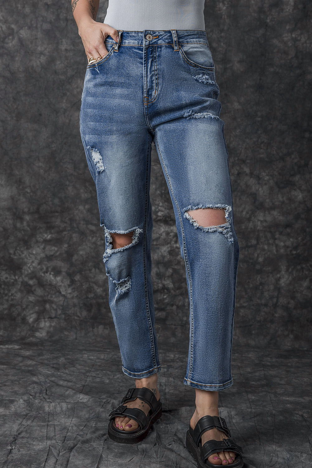 Sky Blue Open Knee Cutout Straight Leg Jeans