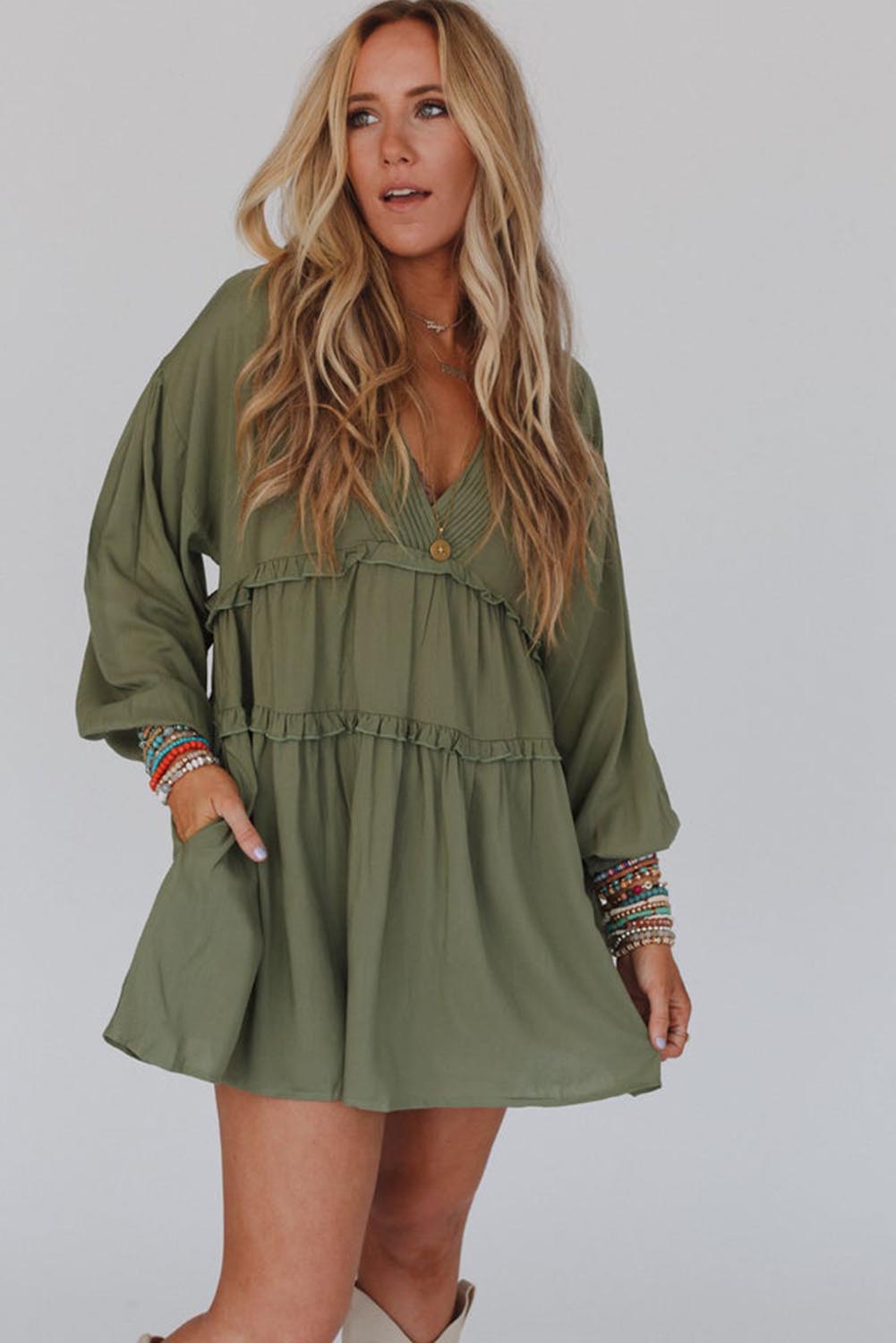 Green V Neck Puff Sleeve Frill Tiered Mini Dress