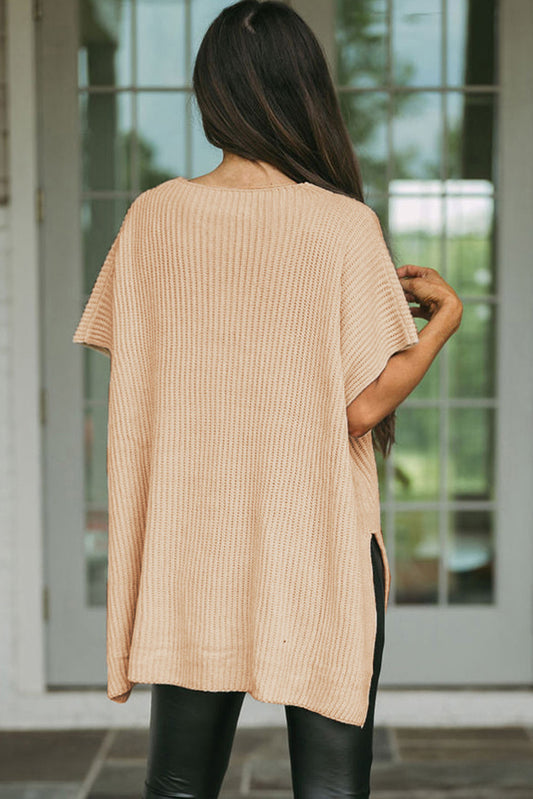 Apricot Short Sleeve Side Slit Oversized Sweater