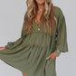 Green V Neck Puff Sleeve Frill Tiered Mini Dress