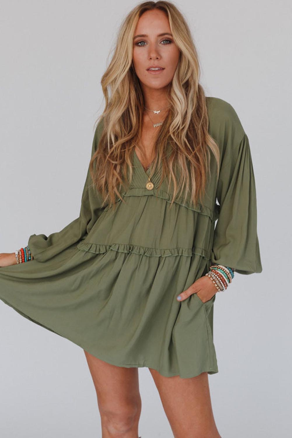 Green V Neck Puff Sleeve Frill Tiered Mini Dress