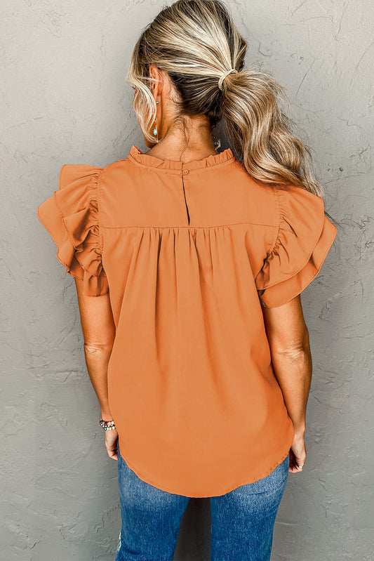 Sunset Orange Smocked Ruffle Sleeve Blouse