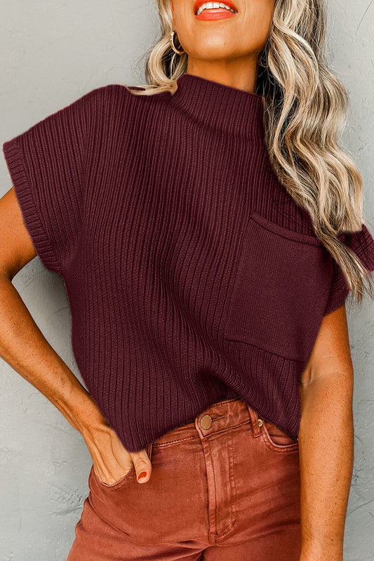 Maroon Patch Pocket Ribbed Knit Short Sleeve Sweater