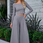 Gray Solid Color Ribbed Crop Top Long Pants Set