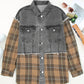 Medium Grey Plaid Patch Distressed Flap Pocket Denim Shacket