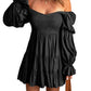 Black Boho Solid Shirred Ruffle Mini Dress