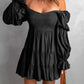 Black Boho Solid Shirred Ruffle Mini Dress