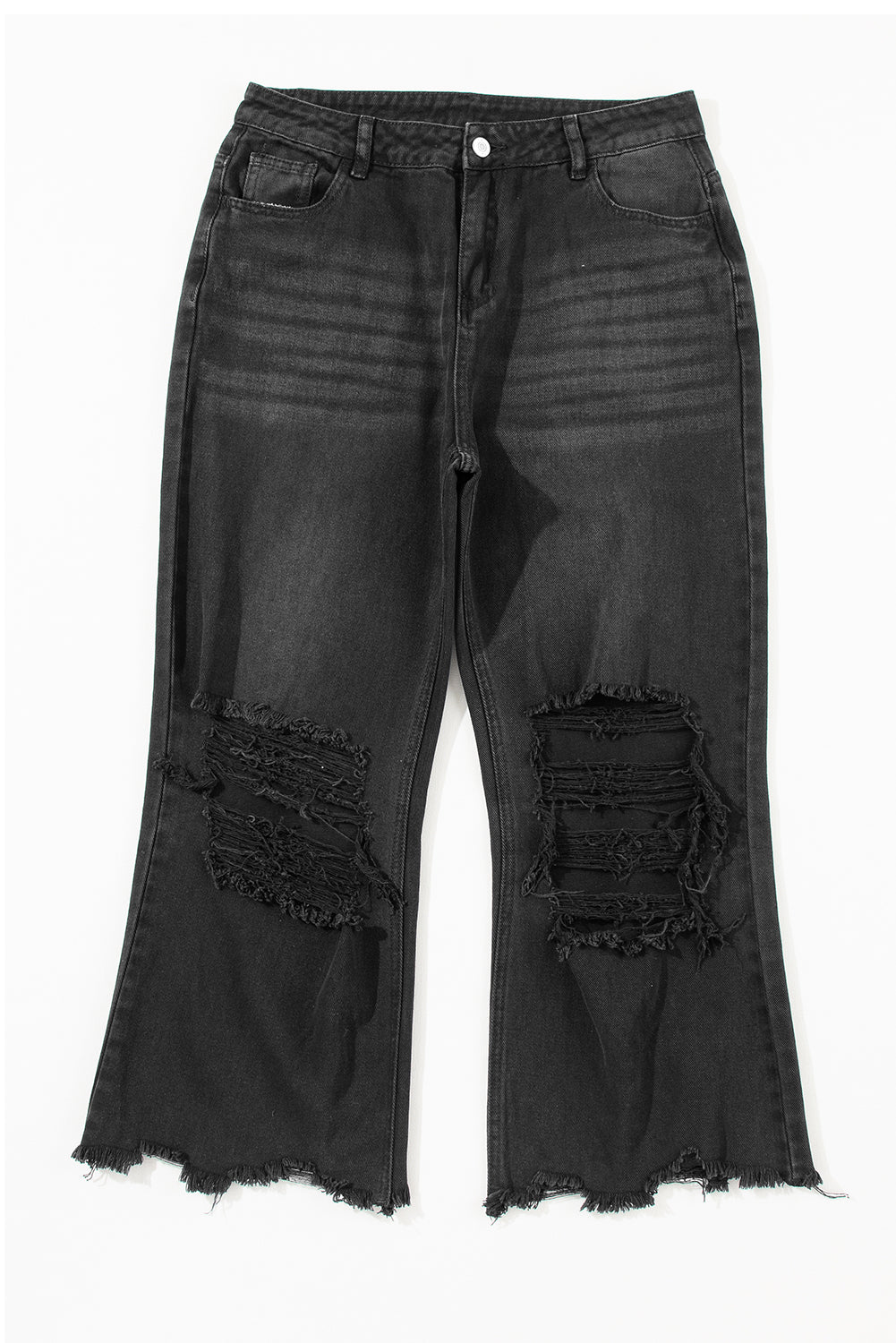 Black Distressed Hollow-out High Waist Cropped Flare Jeans