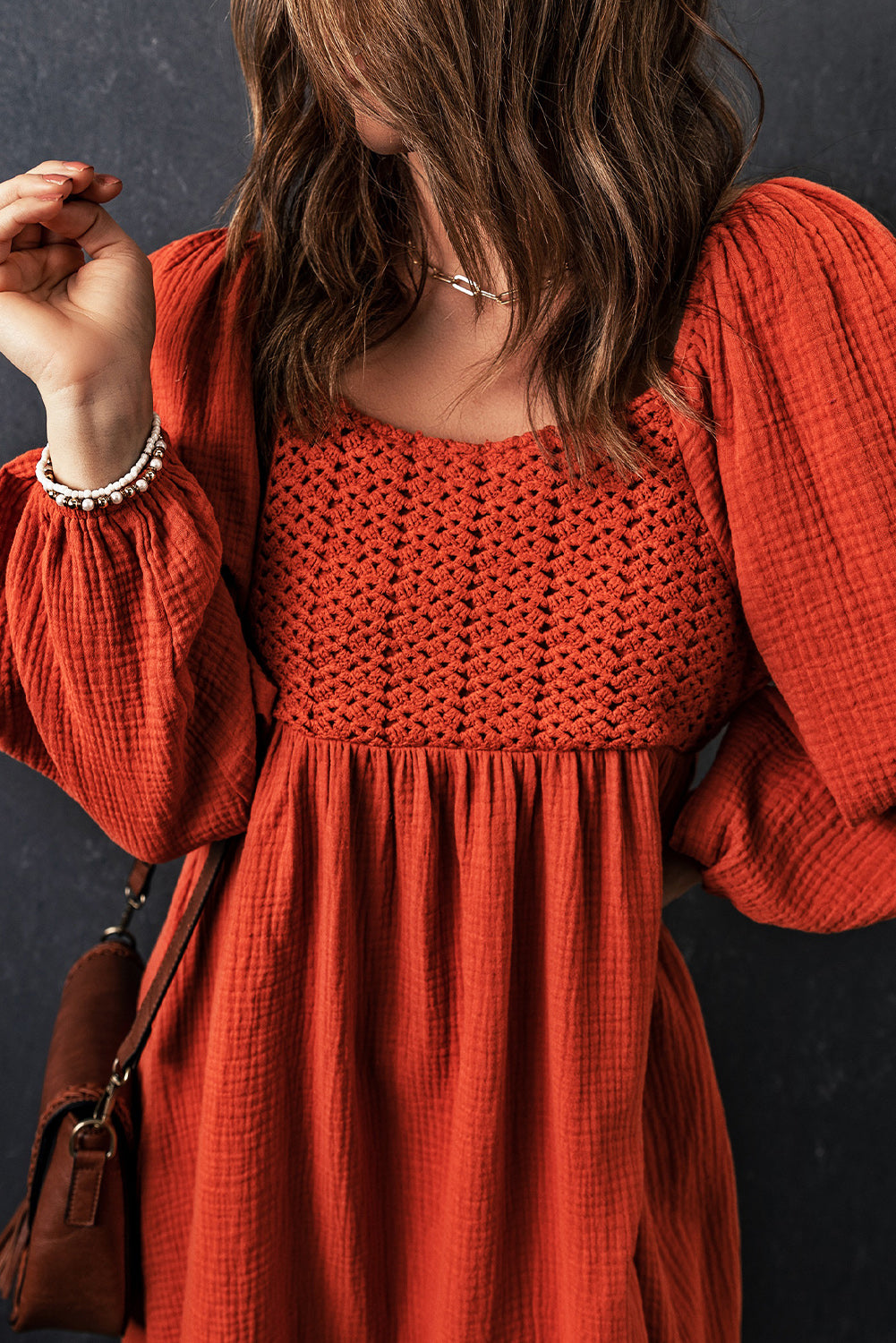 Rusty Deep Orange Textured Front Crochet Babydoll Dress