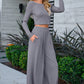 Gray Solid Color Ribbed Crop Top Long Pants Set